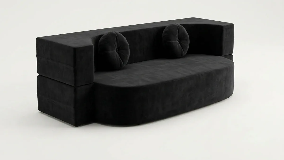 The BaoHome sofa in ink velvet, three-quarter view