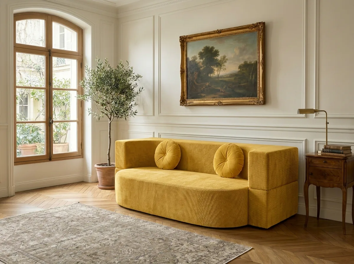 Ochre corduroy BaoHome sofa beneath a gilt-framed landscape painting