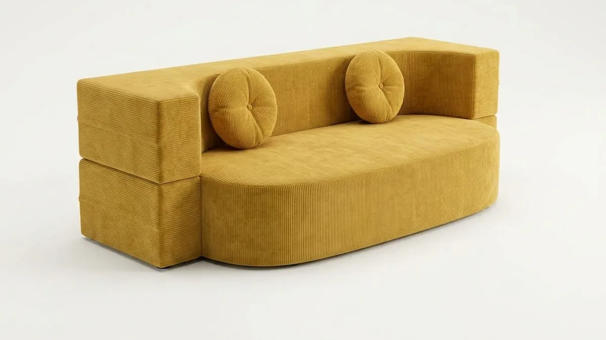 The BaoHome sofa in ochre corduroy, three-quarter view